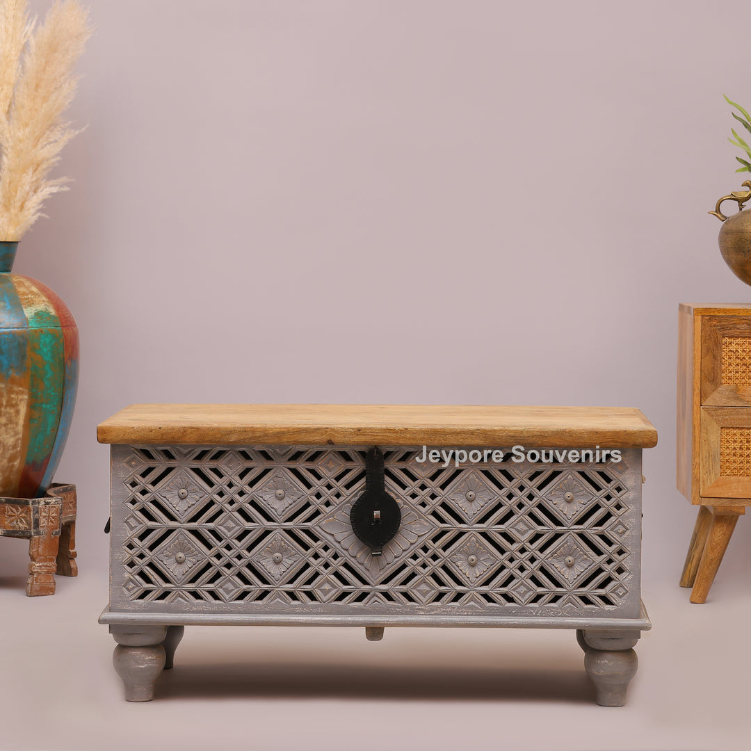 Hand-Carved Wooden Storage Trunk with Distressed Grey Finish