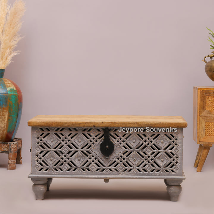 Hand-Carved Wooden Storage Trunk with Distressed Grey Finish
