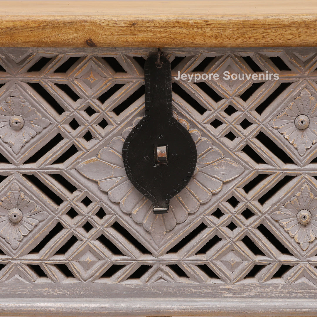 Hand-Carved Wooden Storage Trunk with Distressed Grey Finish
