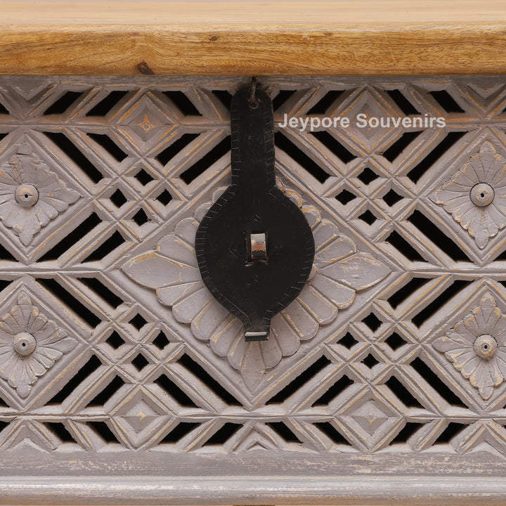 Hand-Carved Wooden Storage Trunk with Distressed Grey Finish
