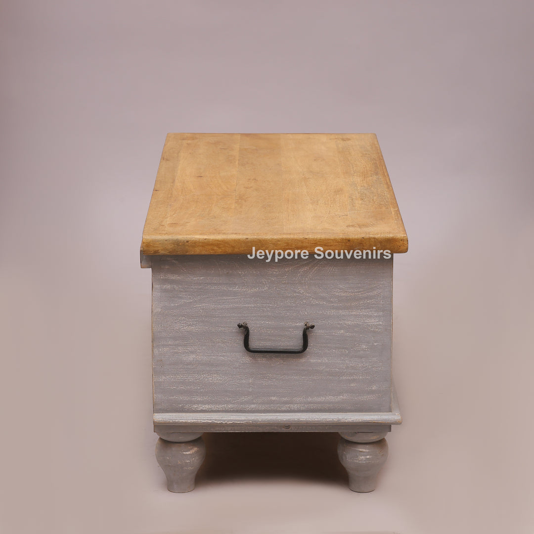 Hand-Carved Wooden Storage Trunk with Distressed Grey Finish