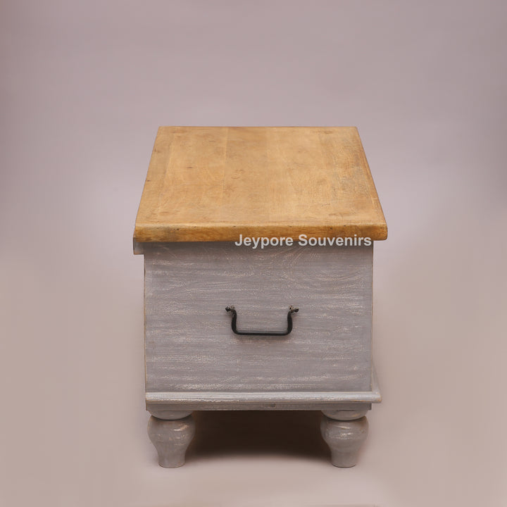 Hand-Carved Wooden Storage Trunk with Distressed Grey Finish