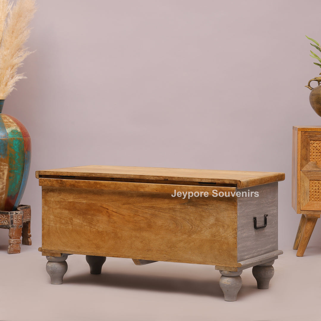 Hand-Carved Wooden Storage Trunk with Distressed Grey Finish