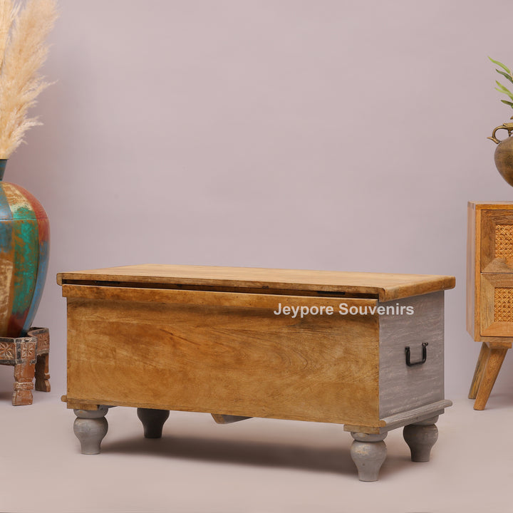 Hand-Carved Wooden Storage Trunk with Distressed Grey Finish