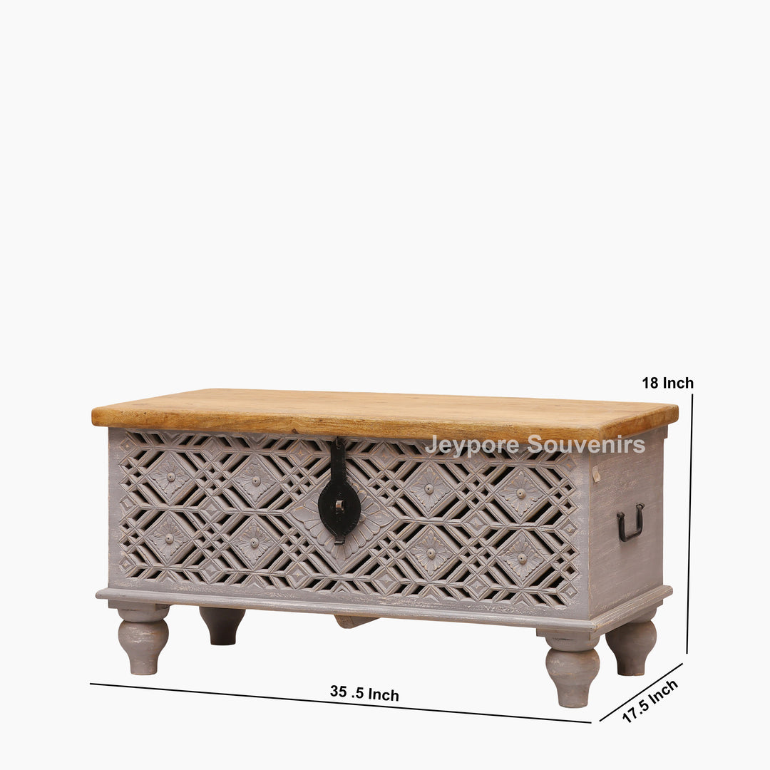 Hand-Carved Wooden Storage Trunk with Distressed Grey Finish