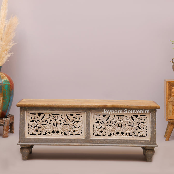 Hand-Carved Solid Wood Storage Trunk with Peacock &amp; Floral Panels