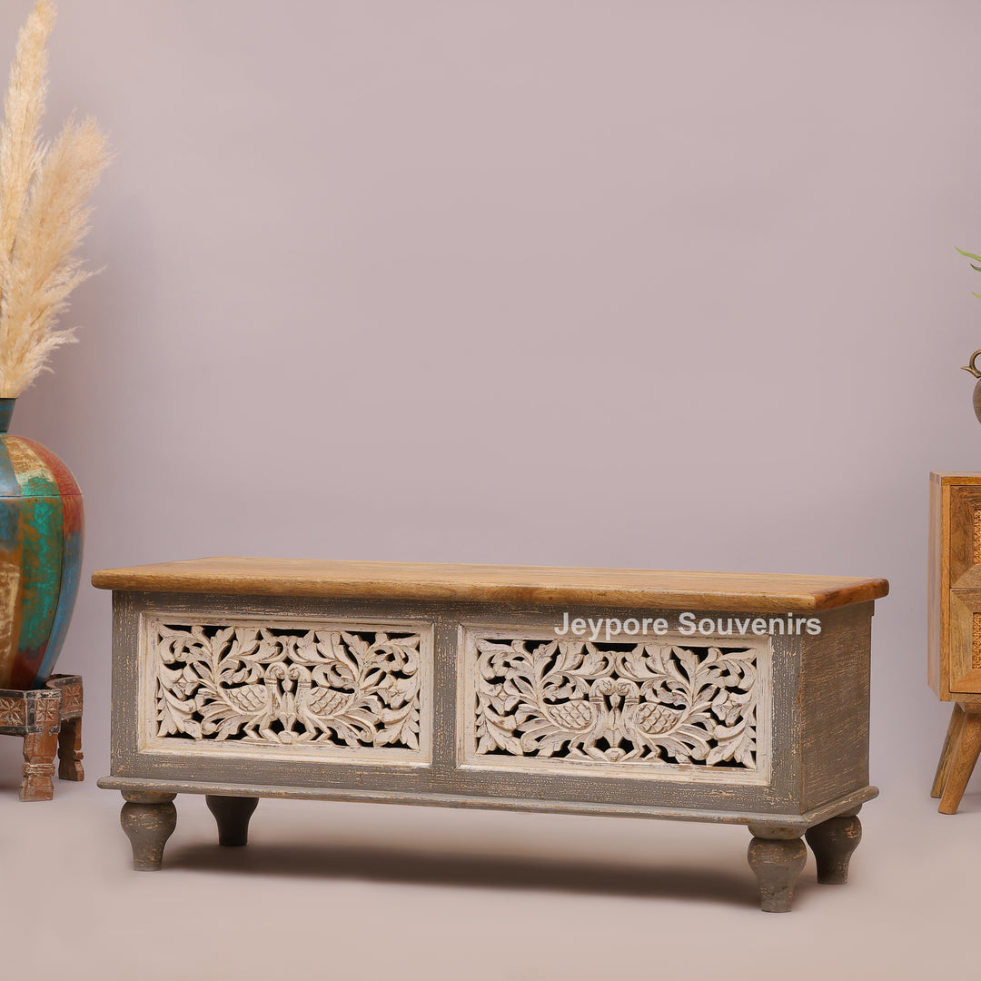 Hand-Carved Solid Wood Storage Trunk with Peacock &amp; Floral Panels