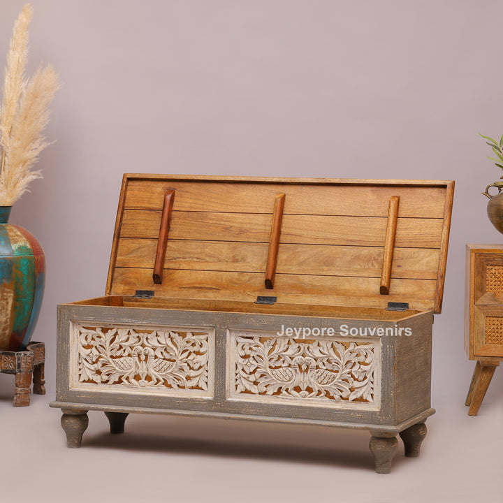 Hand-Carved Solid Wood Storage Trunk with Peacock &amp; Floral Panels