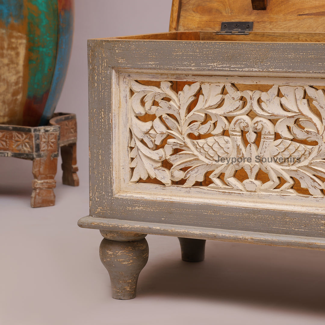 Hand-Carved Solid Wood Storage Trunk with Peacock &amp; Floral Panels