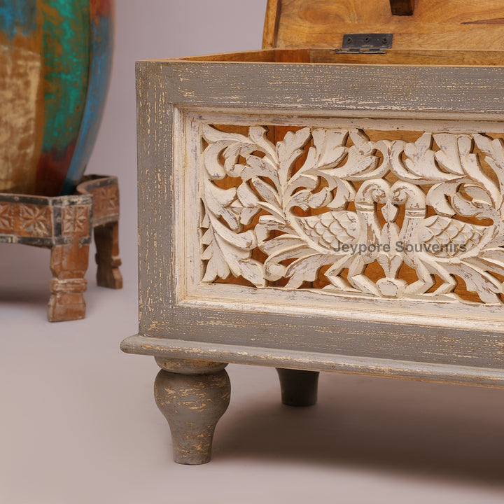 Hand-Carved Solid Wood Storage Trunk with Peacock &amp; Floral Panels
