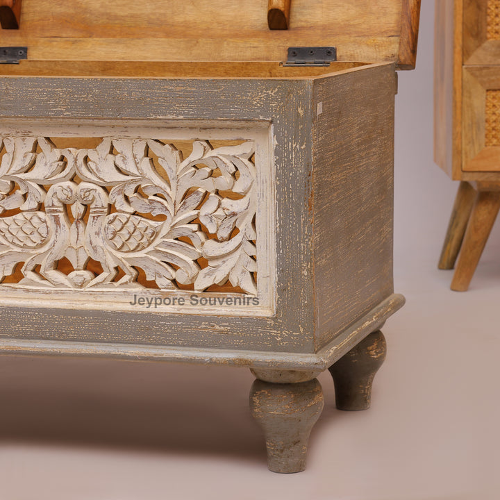Hand-Carved Solid Wood Storage Trunk with Peacock &amp; Floral Panels