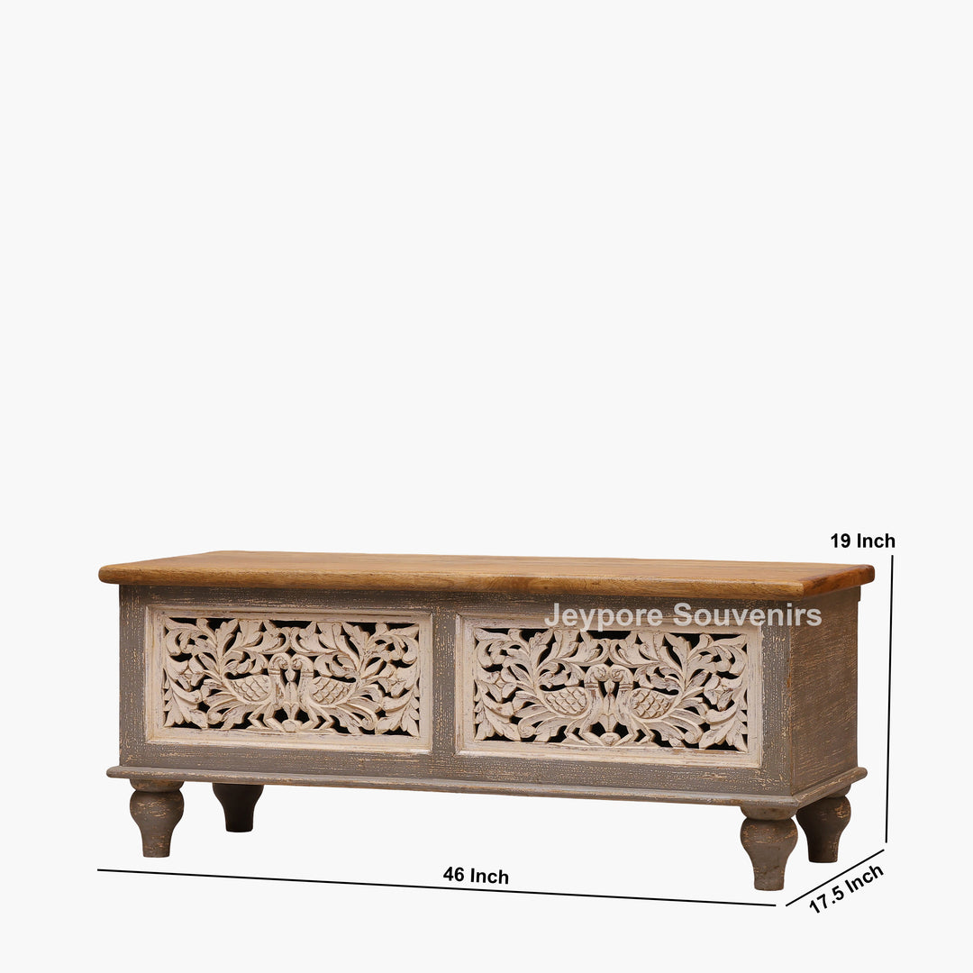 Hand-Carved Solid Wood Storage Trunk with Peacock &amp; Floral Panels