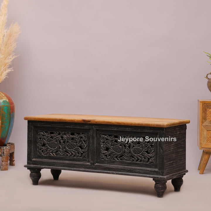 Handcrafted Black Rustic Wooden Storage Trunk