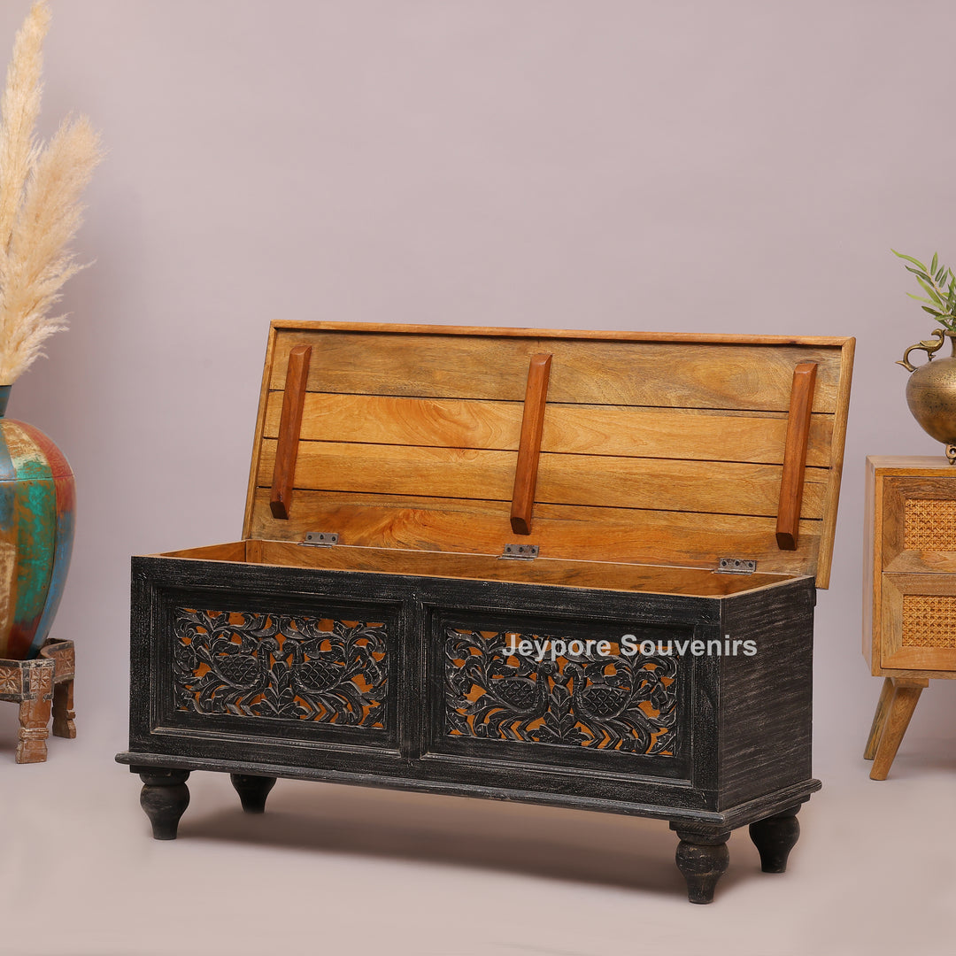 Handcrafted Black Rustic Wooden Storage Trunk