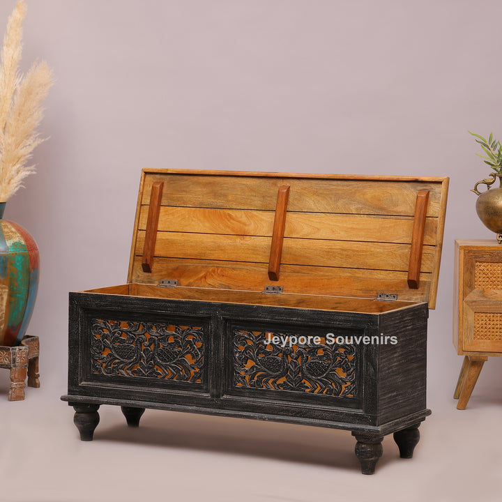 Handcrafted Black Rustic Wooden Storage Trunk