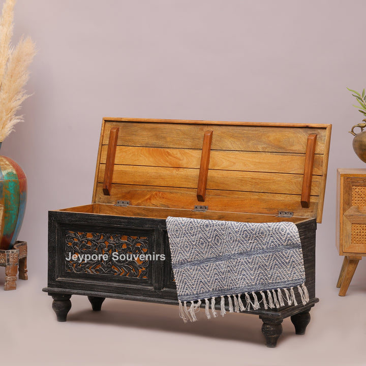 Handcrafted Black Rustic Wooden Storage Trunk