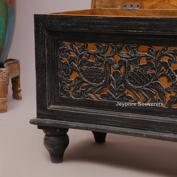 Handcrafted Black Rustic Wooden Storage Trunk