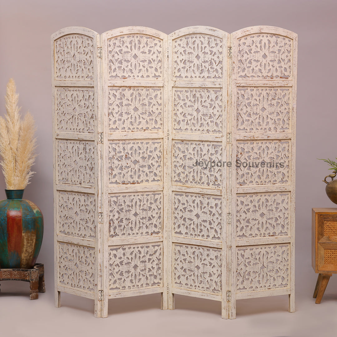 Distressed White 4-Panel Wooden Room Divider with Hand-Carved Jali Design
