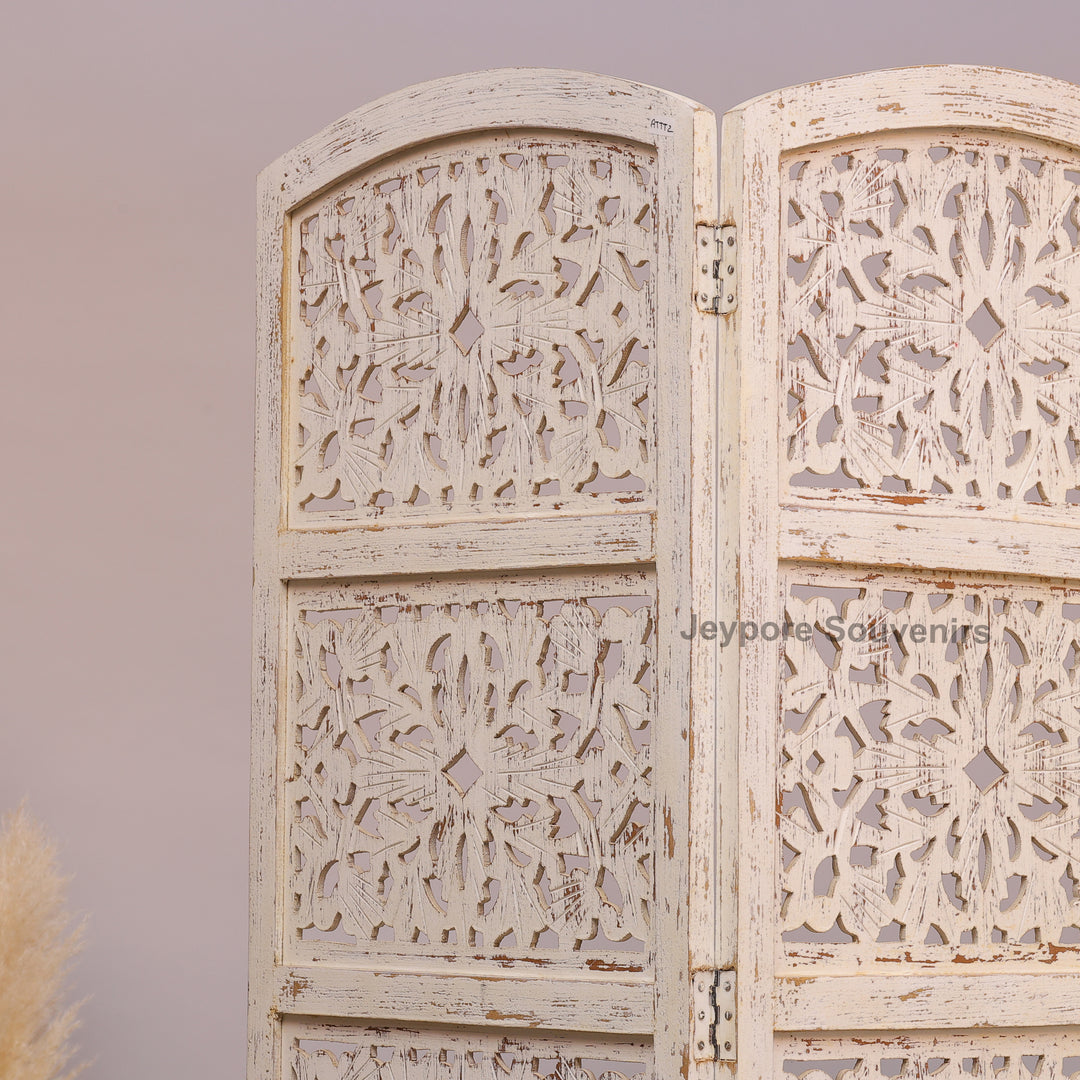 Distressed White 4-Panel Wooden Room Divider with Hand-Carved Jali Design