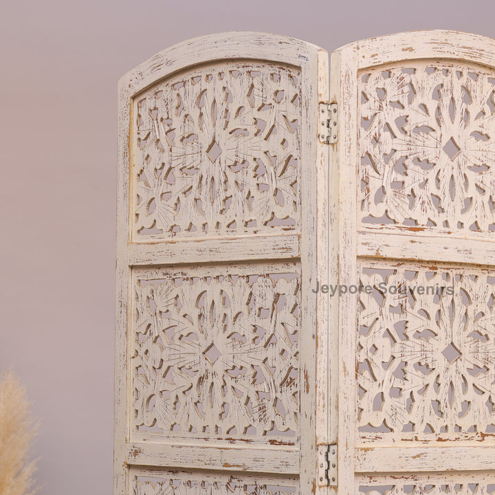 Distressed White 4-Panel Wooden Room Divider with Hand-Carved Jali Design