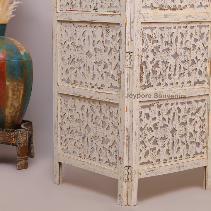Distressed White 4-Panel Wooden Room Divider with Hand-Carved Jali Design