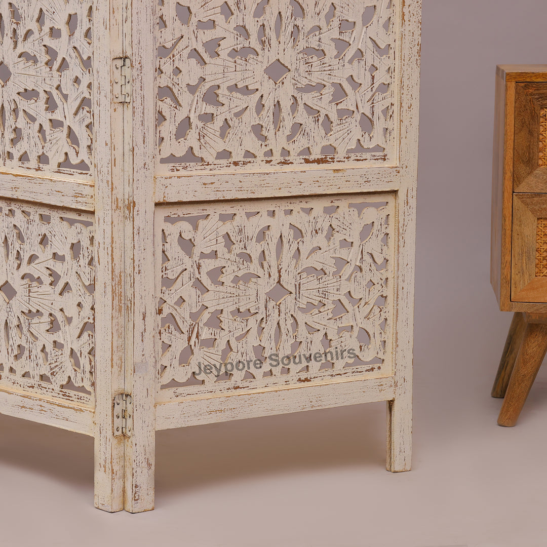 Distressed White 4-Panel Wooden Room Divider with Hand-Carved Jali Design