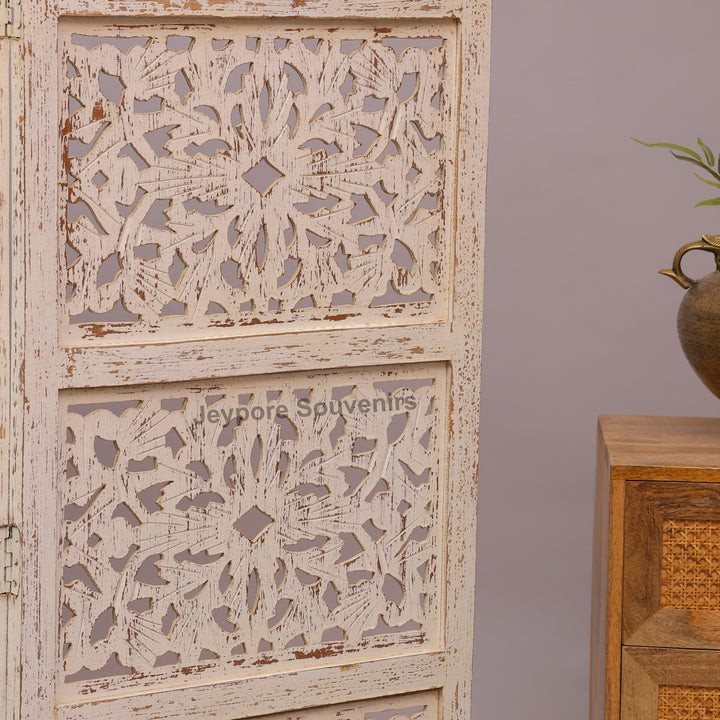 Distressed White 4-Panel Wooden Room Divider with Hand-Carved Jali Design
