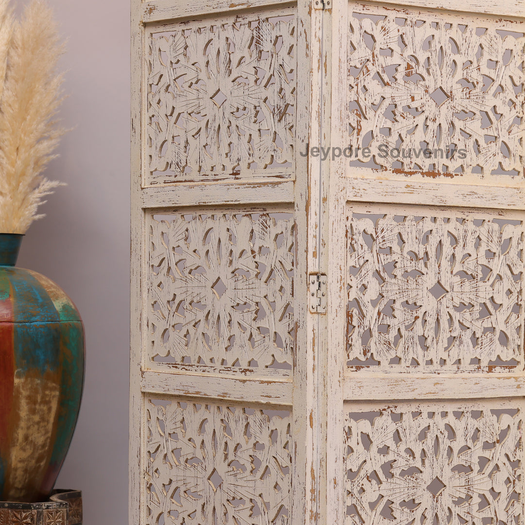 Distressed White 4-Panel Wooden Room Divider with Hand-Carved Jali Design