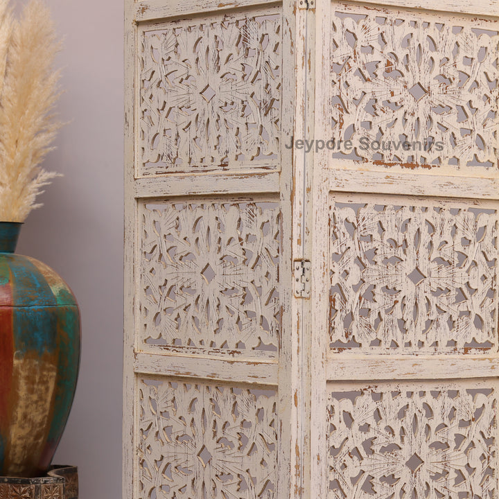 Distressed White 4-Panel Wooden Room Divider with Hand-Carved Jali Design