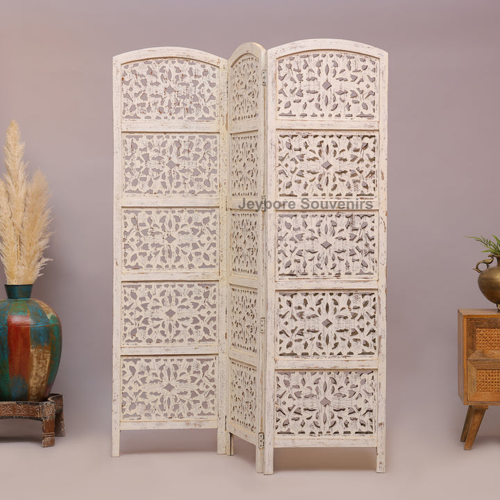 Distressed White 4-Panel Wooden Room Divider with Hand-Carved Jali Design