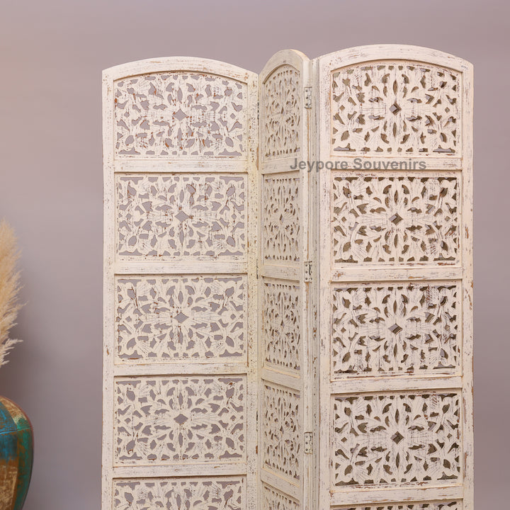 Distressed White 4-Panel Wooden Room Divider with Hand-Carved Jali Design