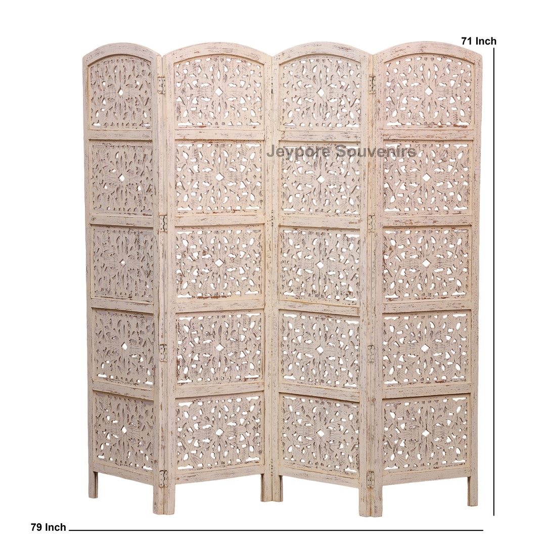 Distressed White 4-Panel Wooden Room Divider with Hand-Carved Jali Design