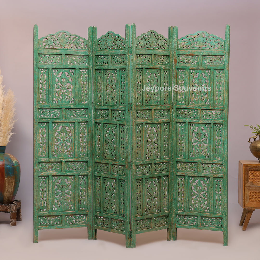 Distressed Green Hand-Carved Wooden 4-Panel Room Divider