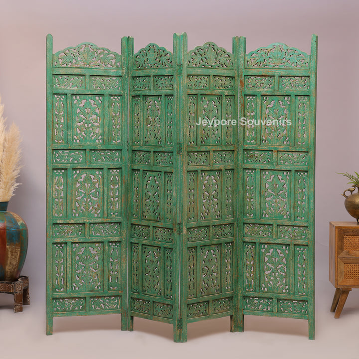 Distressed Green Hand-Carved Wooden 4-Panel Room Divider