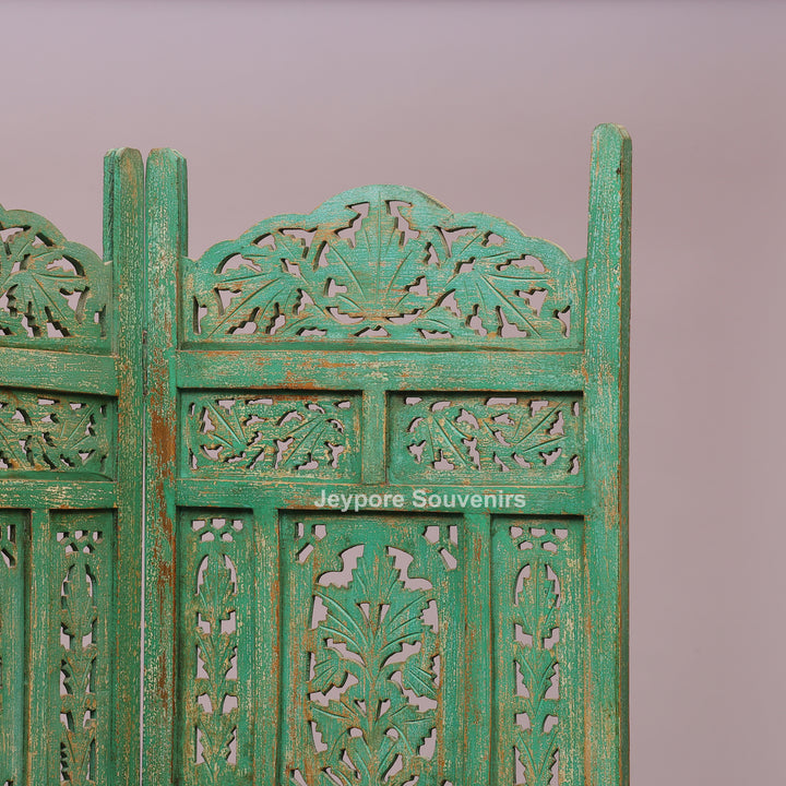 Distressed Green Hand-Carved Wooden 4-Panel Room Divider