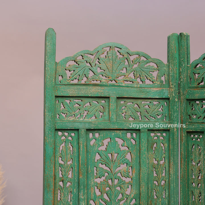 Distressed Green Hand-Carved Wooden 4-Panel Room Divider