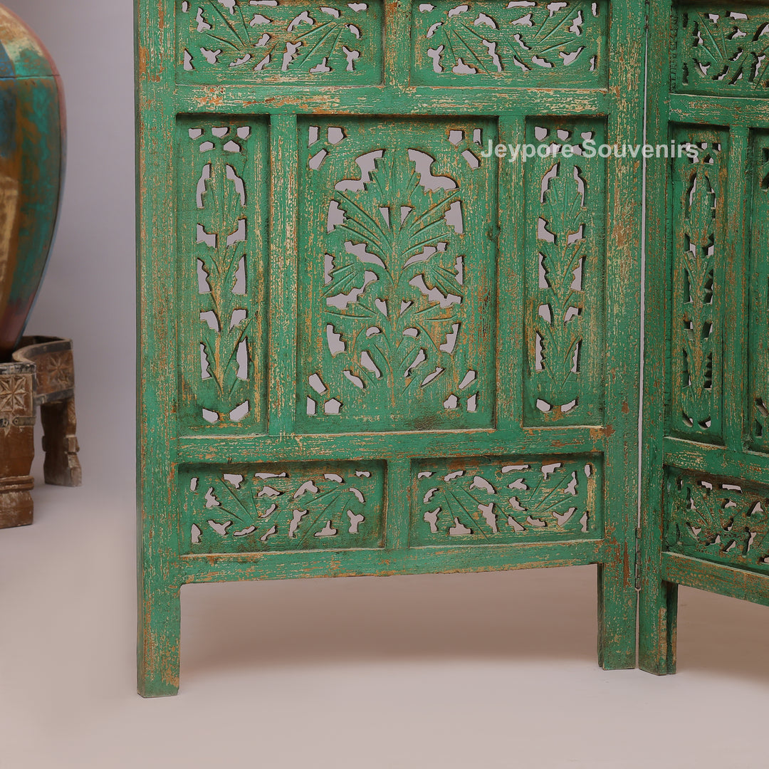 Distressed Green Hand-Carved Wooden 4-Panel Room Divider