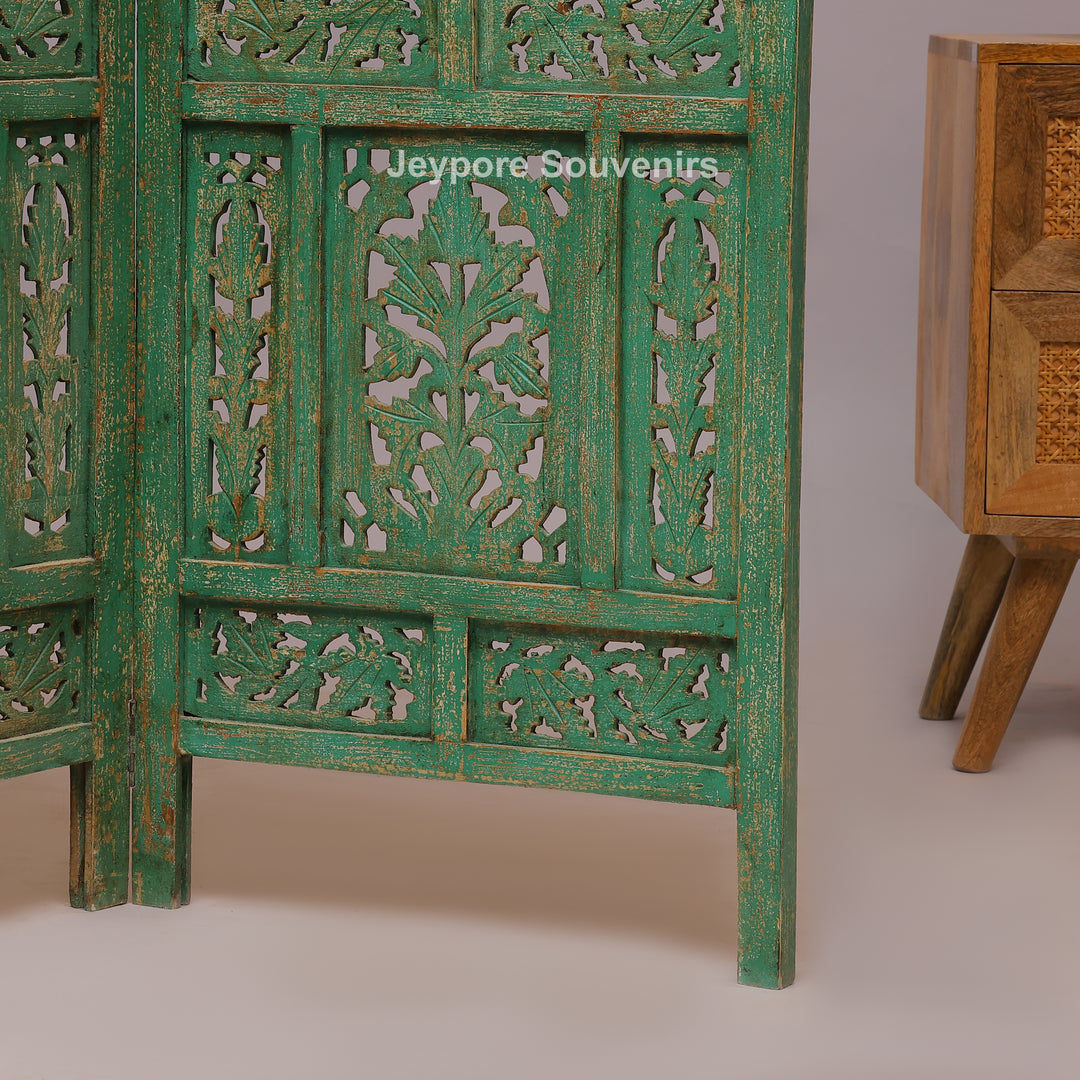 Distressed Green Hand-Carved Wooden 4-Panel Room Divider