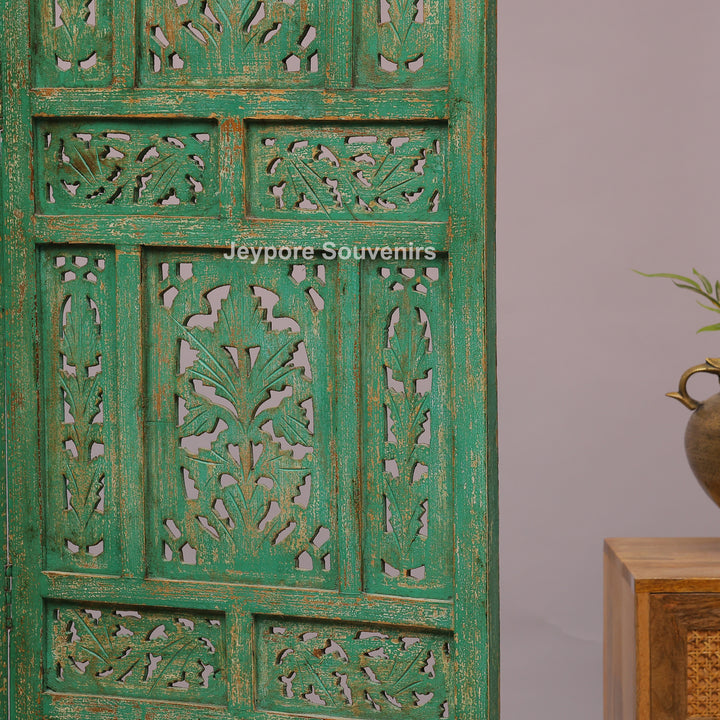 Distressed Green Hand-Carved Wooden 4-Panel Room Divider
