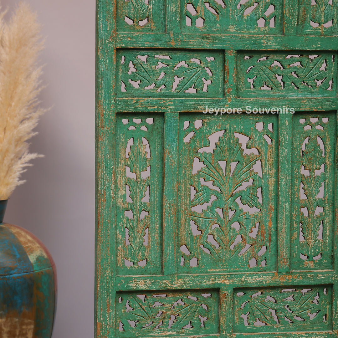 Distressed Green Hand-Carved Wooden 4-Panel Room Divider