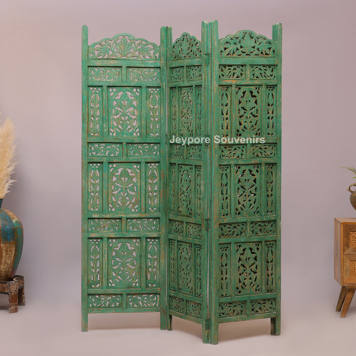 Distressed Green Hand-Carved Wooden 4-Panel Room Divider