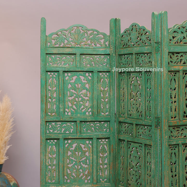 Distressed Green Hand-Carved Wooden 4-Panel Room Divider
