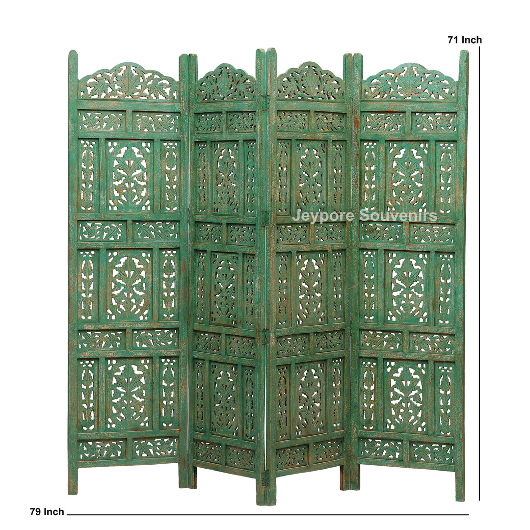 Distressed Green Hand-Carved Wooden 4-Panel Room Divider
