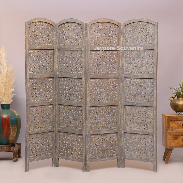 Traditional 4-Panel Carved Wooden Room Divider
