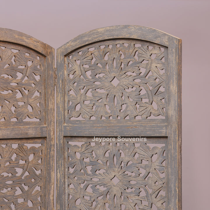 Traditional 4-Panel Carved Wooden Room Divider