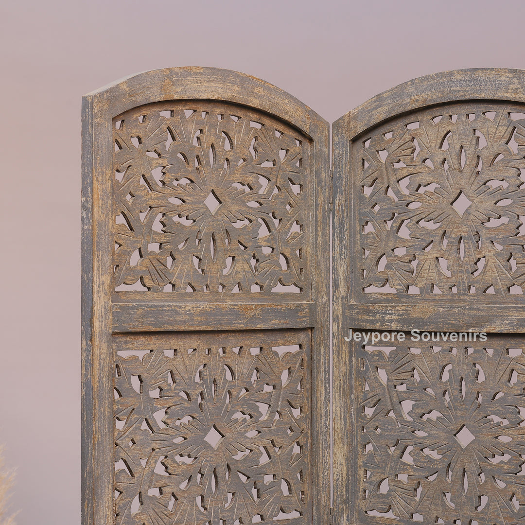 Traditional 4-Panel Carved Wooden Room Divider