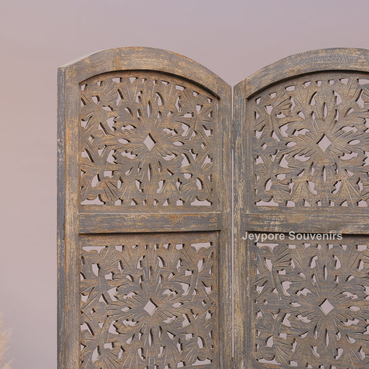 Traditional 4-Panel Carved Wooden Room Divider