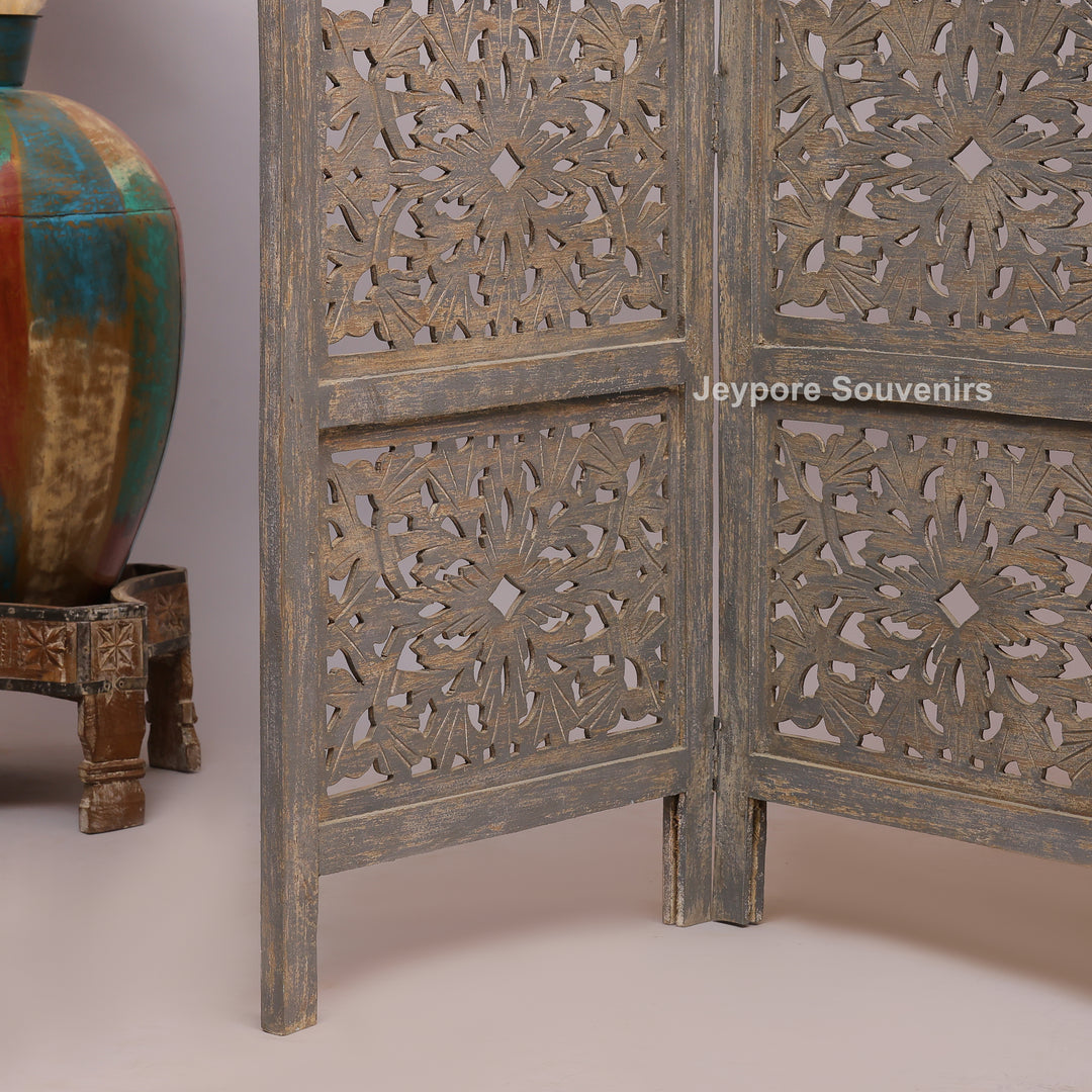 Traditional 4-Panel Carved Wooden Room Divider