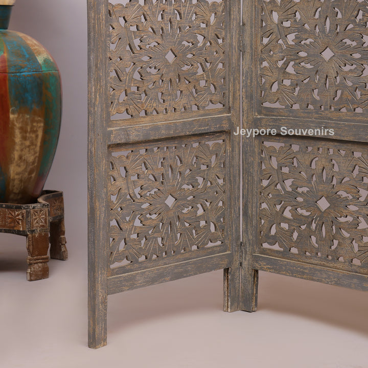 Traditional 4-Panel Carved Wooden Room Divider