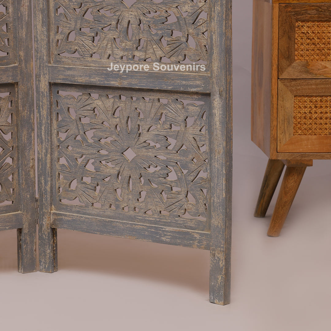 Traditional 4-Panel Carved Wooden Room Divider